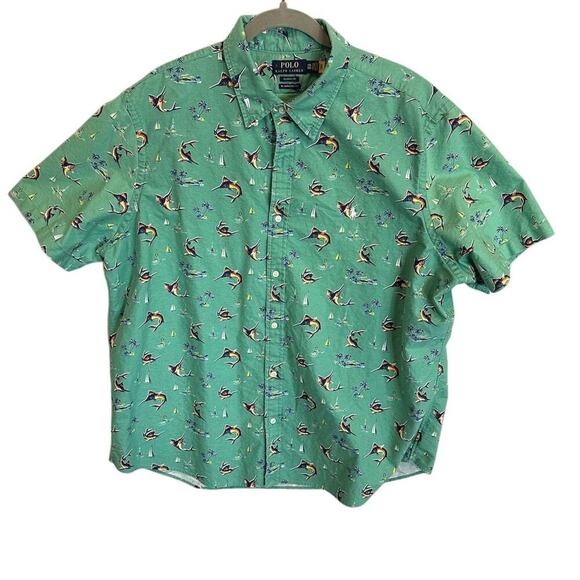 Ralph Lauren Men's XXL Green Graphic fish Print Short Sleeve Oxford Shirt - Picture 1 of 3